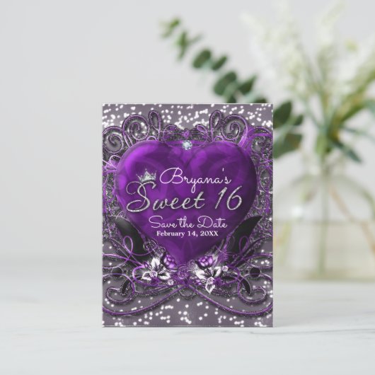 Paarse & Zilveren Hart Sweet 16 Save the Date Part Aankondigingskaart (Staand voorkant)