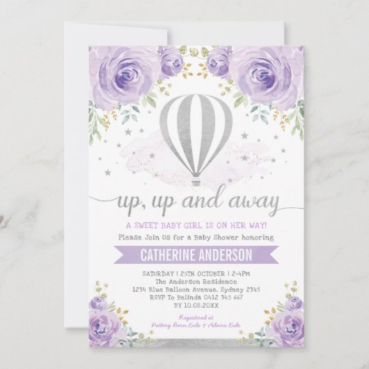 Paarse zilveren heteluchtballon Baby shower Kaart (Voorkant)