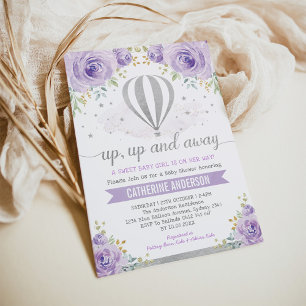 Paarse zilveren heteluchtballon Baby shower Kaart