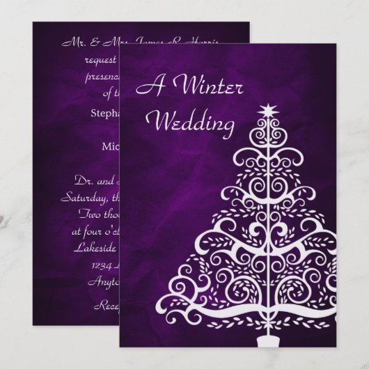 Paarse zilveren kerstboom winterbruiloft kaart (Voorkant / Achterkant)