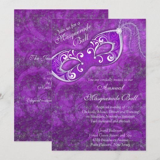 Paarse zilveren Mardi Gras Masquerade Ball Party Kaart (Voorkant / Achterkant)