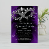 Paarse Zilveren Maskerade Star Quinceanera Folie Uitnodiging (Staand Voorkant)