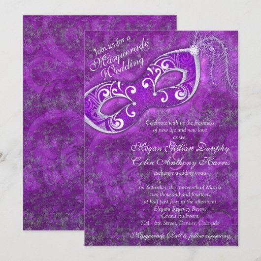  Paarse Zilveren Masquerade Ball Wedding Kaart (Voorkant / Achterkant)