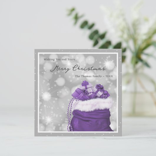 Paarse zilveren moderne foto vrolijke kerst Kaart (Staand voorkant)