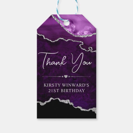 Paarse & Zilveren Nep Glitter Agate Verjaardagsfee Cadeaulabel (Voorkant)