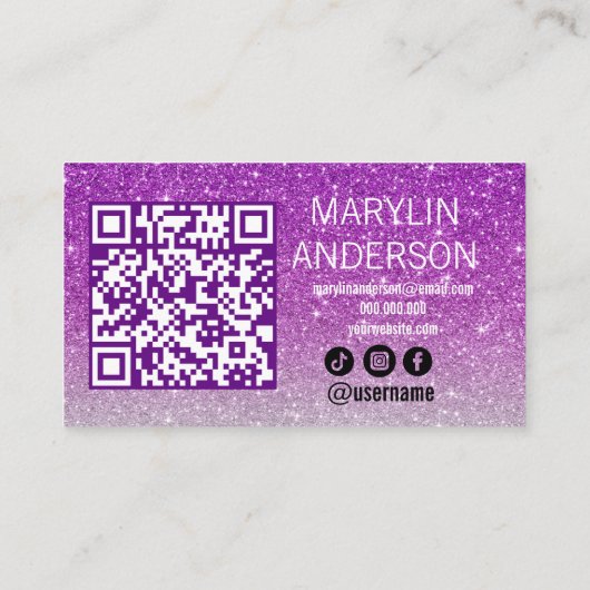 Paarse zilveren Ombre Glitter Lash Tech QR-code Visitekaartje (Achterkant)