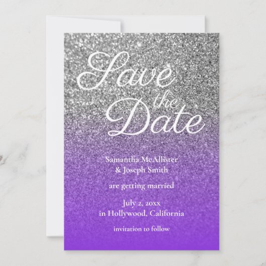Paarse zilveren ombre glitter save the date kaart (Voorkant)