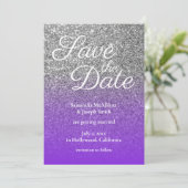 Paarse zilveren ombre glitter save the date kaart (Staand voorkant)
