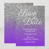 Paarse zilveren ombre glitter save the date kaart (Voorkant / Achterkant)