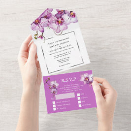 Paarse zilveren orchidee chic flower bruiloft luxe all in one uitnodiging