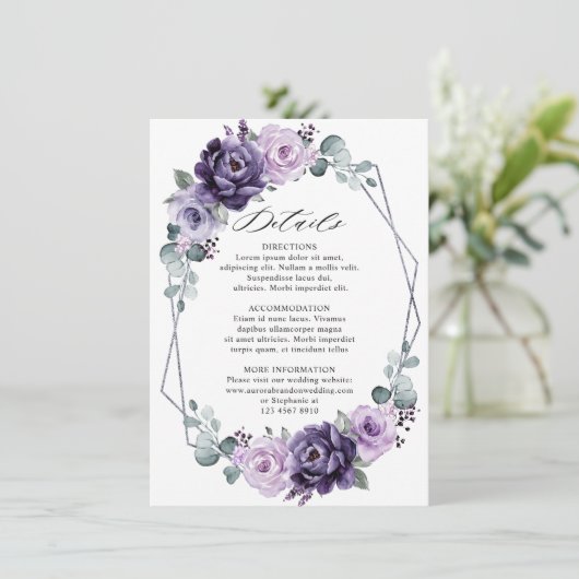 Paarse zilveren platte Geometrische bruiloft - Geg Informatiekaartje (Staand voorkant)