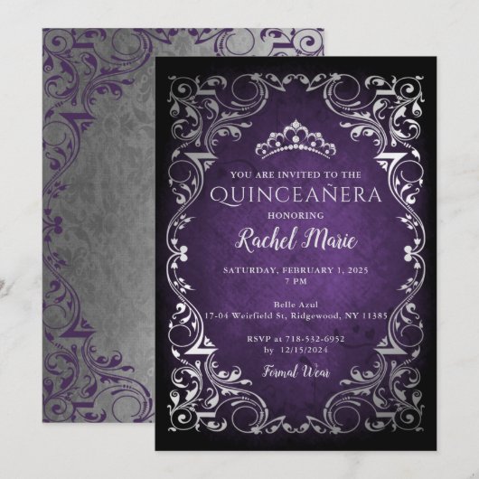  Paarse Zilveren Prinses Tiara Quinceañera Kaart (Voorkant / Achterkant)