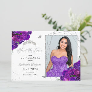 Paarse & zilveren quinceañera Bewaar de datum Foto Kaart
