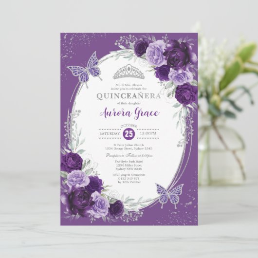 Paarse zilveren Quinceañera Mis Quince 15 Anos Kaart (Staand voorkant)