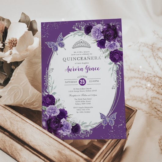 Paarse zilveren Quinceañera Mis Quince 15 Anos Kaart