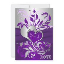 Paarse zilveren rollen, harten bruiloft uitnodigin