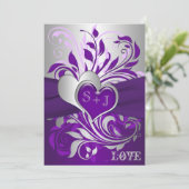 Paarse zilveren rollen, harten bruiloft uitnodigin kaart (Staand voorkant)