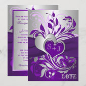 Paarse zilveren rollen, harten bruiloft uitnodigin kaart (Voorkant / Achterkant)