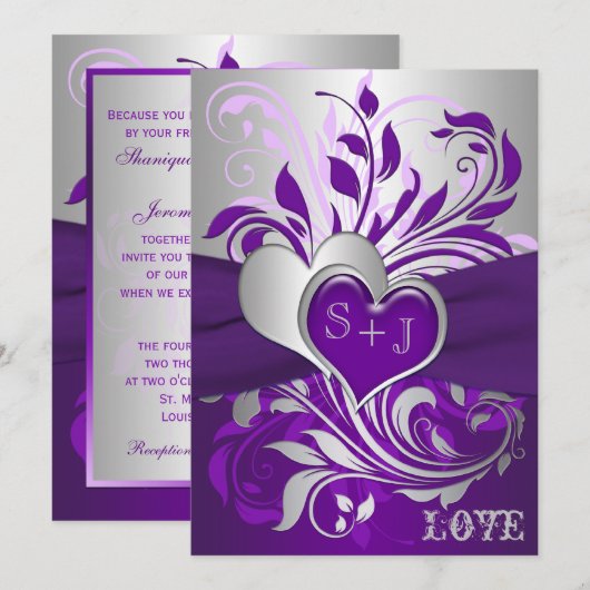 Paarse zilveren rollen, harten bruiloft uitnodigin kaart (Voorkant / Achterkant)