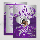 Paarse zilveren rollen, harten foto bruiloft uitno kaart (Voorkant / Achterkant)