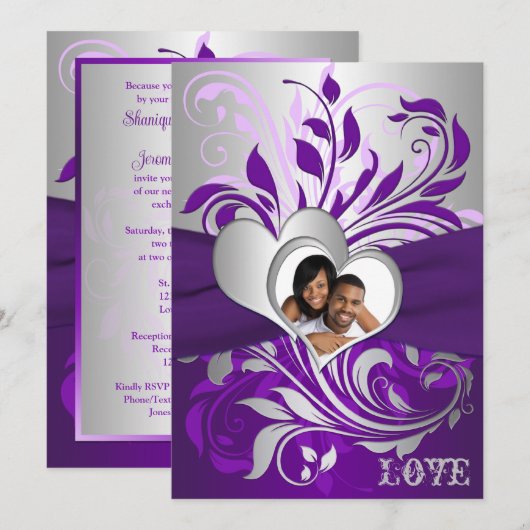 Paarse zilveren rollen, harten foto bruiloft uitno kaart (Voorkant / Achterkant)