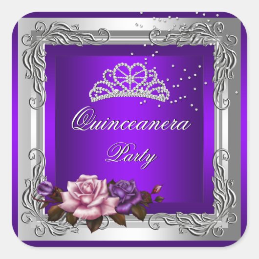 Paarse zilveren Rozen Quinceanera 15e verjaardag Vierkante Sticker (Voorkant)