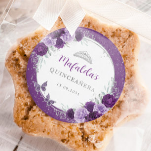 Paarse Zilveren Rozen Quinceanera Verjaardagsgunst Ronde Sticker