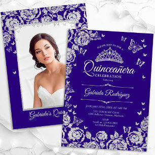 Paarse zilveren Rozen vlinders quinceanera foto Kaart