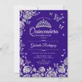 Paarse zilveren Rozen Vlinders Quinceanera Kaart (Voorkant)