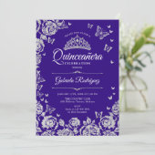 Paarse zilveren Rozen Vlinders Quinceanera Kaart (Staand voorkant)