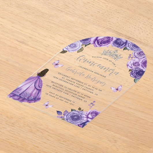 Paarse zilveren Rozen Waterverf Quinceañera Acryl Uitnodigingen (Laagn)