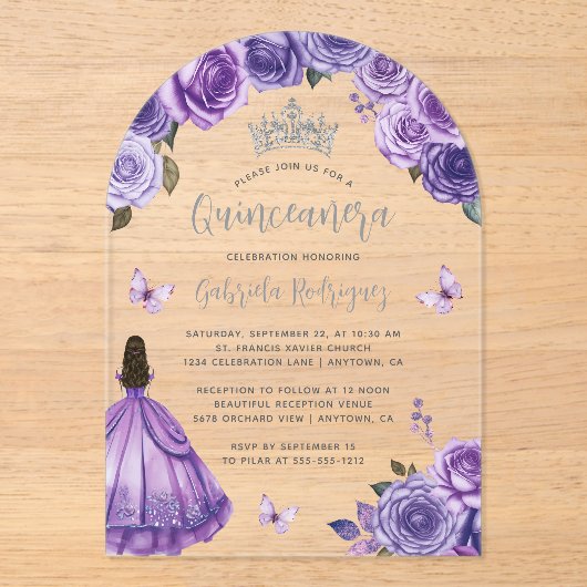 Paarse zilveren Rozen Waterverf Quinceañera Acryl Uitnodigingen (Voorkant)