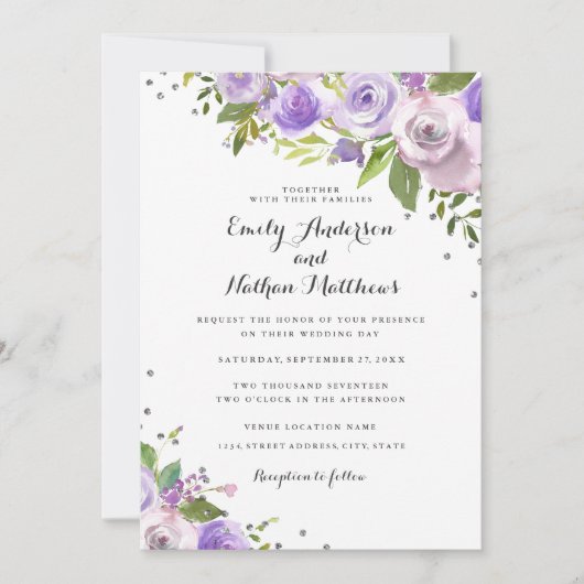 Paarse zilveren Sparkle Bloemen Huwelijksuitnodigi Kaart (Voorkant)