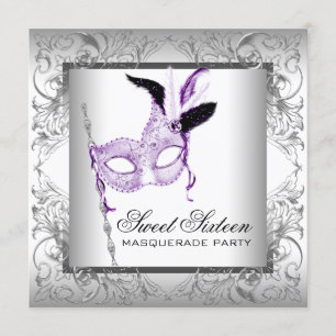 Paarse Zilveren Sweet 16 Maskerade Feest Kaart