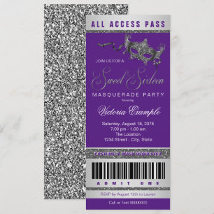 Paarse Zilveren Sweet 16 Maskerade Feest Ticket Kaart