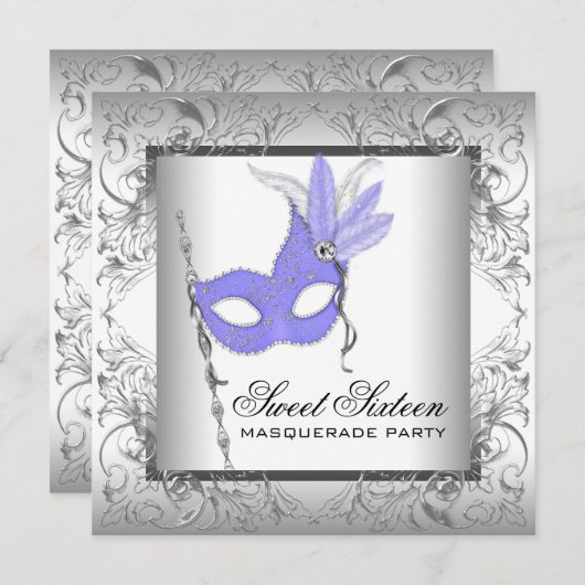 Paarse Zilveren Sweet 16 Masquerade Party Kaart (Voorkant / Achterkant)