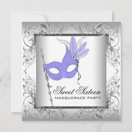 Paarse Zilveren Sweet 16 Masquerade Party Kaart (Voorkant)