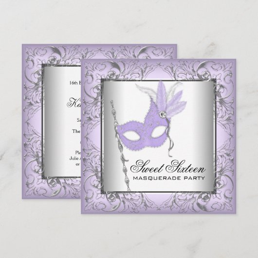 Paarse Zilveren Sweet 16 Masquerade Party Kaart (Voorkant / Achterkant)