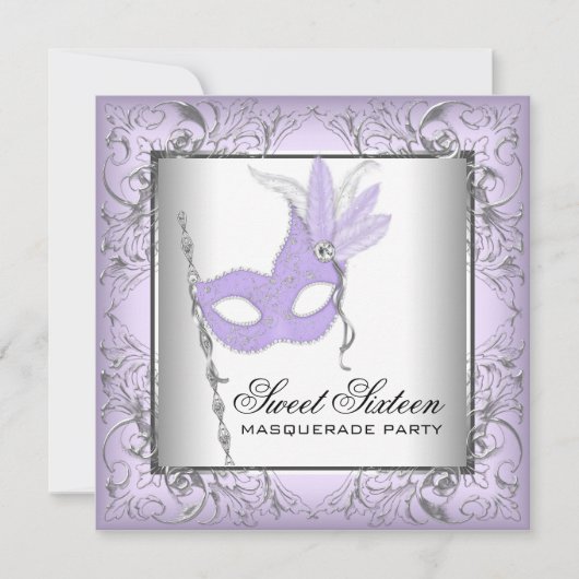Paarse Zilveren Sweet 16 Masquerade Party Kaart (Voorkant)