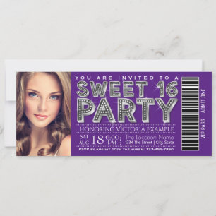 Paarse Zilveren Sweet 16 Ticket Uitnodiging