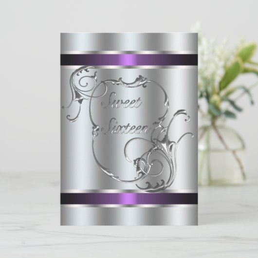 Paarse zilveren swirl Elegant Sweet Sixteen Kaart (Staand voorkant)