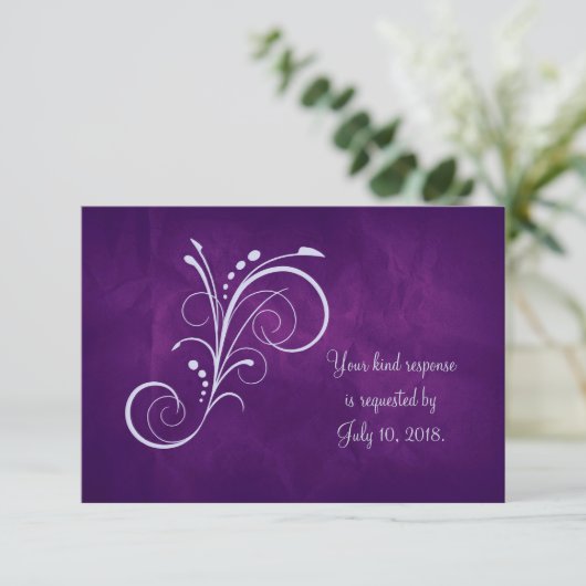 Paarse Zilveren Swirl Wedding RSVP (Staand voorkant)
