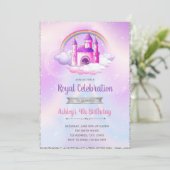 Paarse zilveren thema kasteel verjaardagsuitnodigi kaart (Staand voorkant)