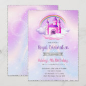 Paarse zilveren thema kasteel verjaardagsuitnodigi kaart (Voorkant / Achterkant)