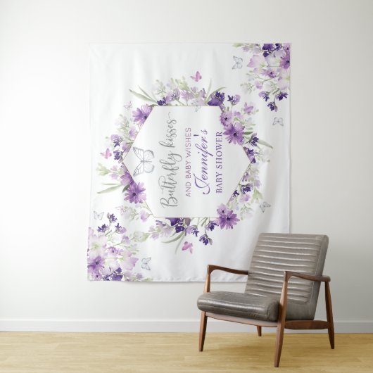 Paarse zilveren vlinder baby shower wandtapijt wandkleed (In situ)