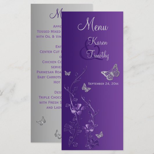 Paarse Zilveren Vlinder Bloemen Menu Kaart (Voorkant / Achterkant)