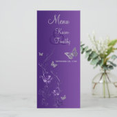 Paarse Zilveren Vlinder Bloemen Menu Kaart (Staand voorkant)