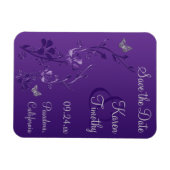 Paarse, zilveren vlinder bloemenbewaar datum magne magneet (Horizontaal)