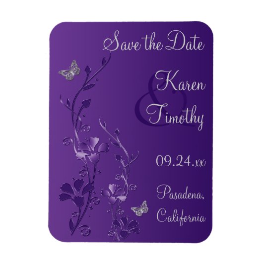 Paarse, zilveren vlinder bloemenbewaar datum magne magneet (Verticaal)