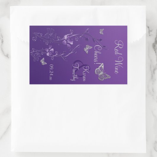 Paarse, zilveren vlinder bloemenwijn label Sticker (Tas)